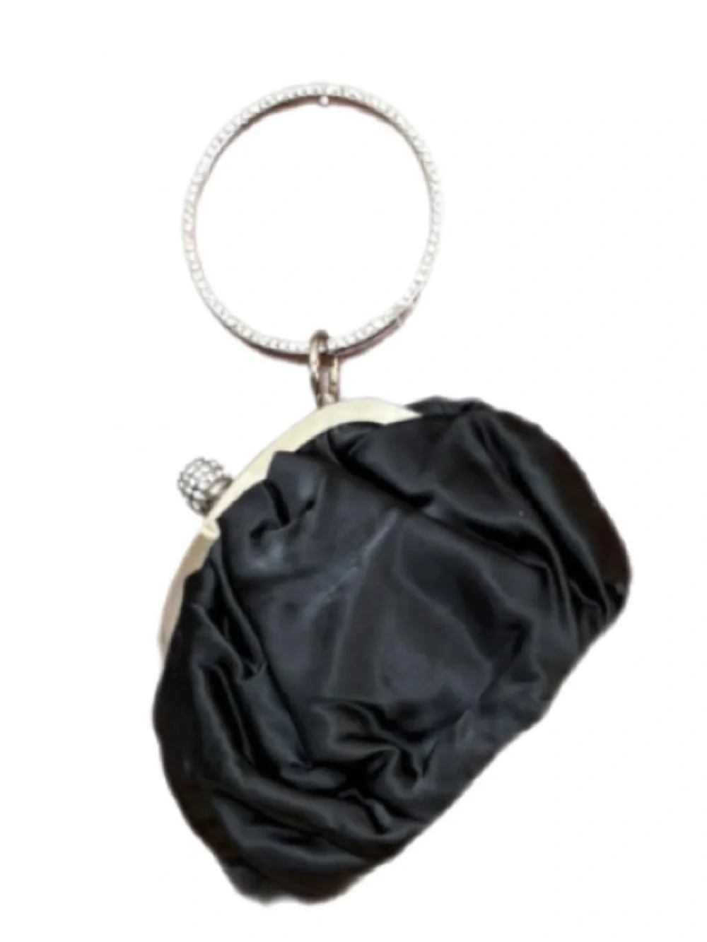 Black Satin Evening Bag Rhinestone Ring Wristlet Clutch NWT